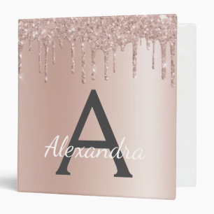 Pink Rose Gold Dripping Glitter Sparkle Monogram 3 Ring Binder
