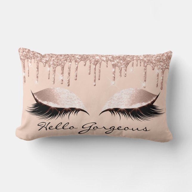 Pink Rose Gold Drips Makeup Lashes Hello Gorgeous Lumbar Pillow (Front)