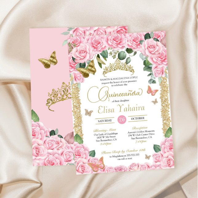 Pink Rose & Gold Elegant Butterfly Quinceanera Invitation (Creator Uploaded)
