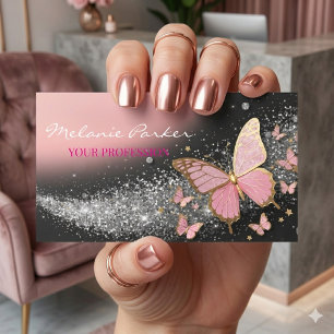 Pink Rose Gold Elegant Glitter Butterfly Business Card