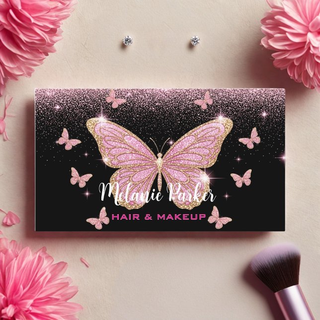 Pink Rose Gold Elegant Glitter Butterfly Business Card (Creator Uploaded)
