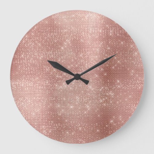 Pink Rose Gold Faux Brush Metallic Diamond Sparkly Large Clock