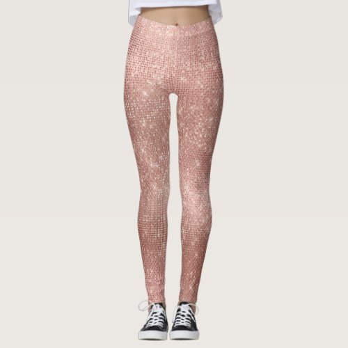 Pink Rose Gold Faux Brush Metallic Diamond Sparkly Leggings