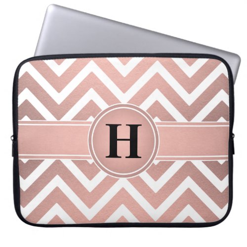 Pink Rose Gold Faux Foil White Chevron Monogram Laptop Sleeve