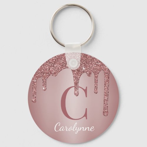 Pink Rose Gold Faux Glitter Drips Monogram Keychain