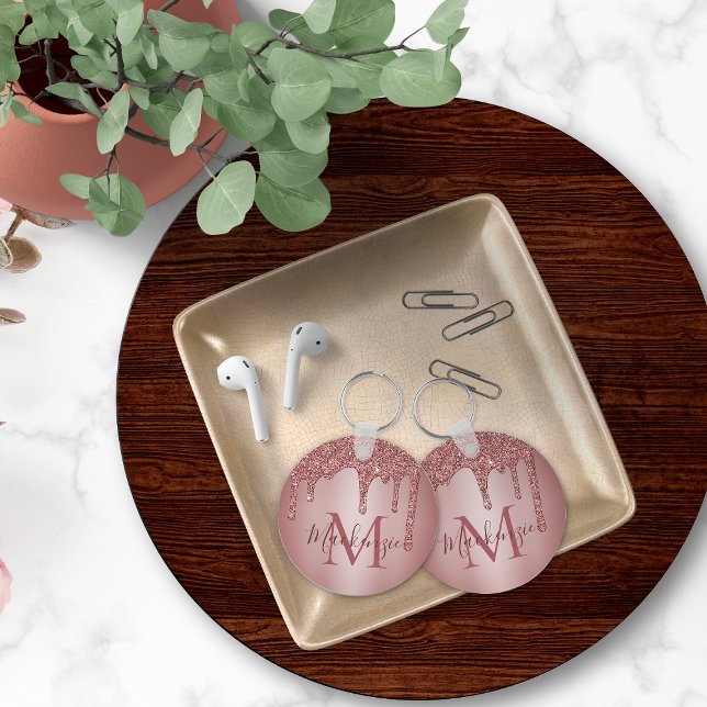Pink Rose Gold Faux Glitter Drips Monogram Keychain (Creator Uploaded)