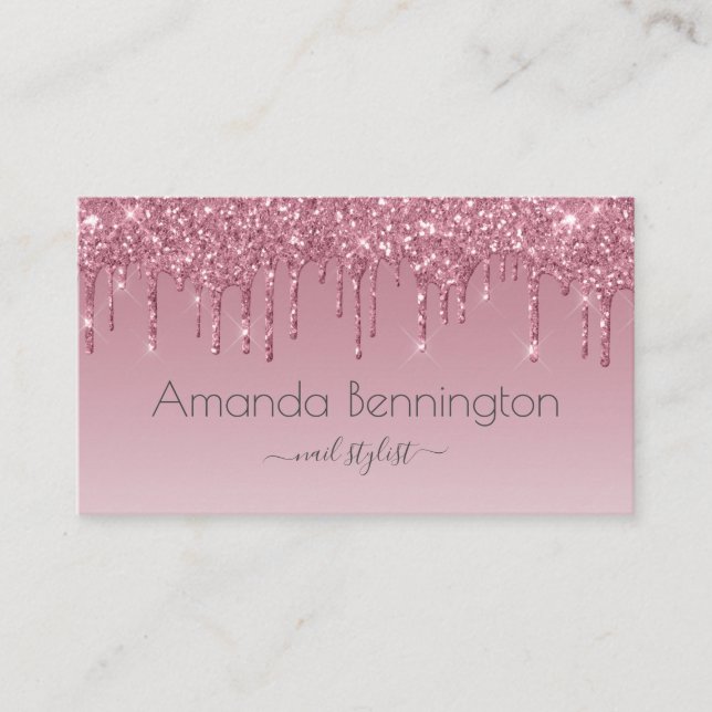 Pink Rose Gold Faux Glitter with Transparent Logo Business Card (Front)