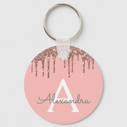 Pink Rose Gold Faux Sparkly Glitter Monogram Keychain