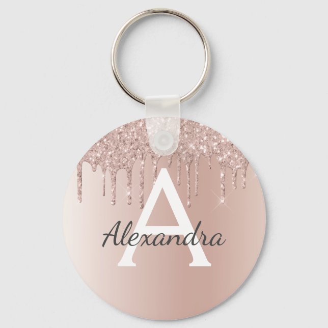 Pink Rose Gold Faux Stainless Steel Monogram Keychain (Front)