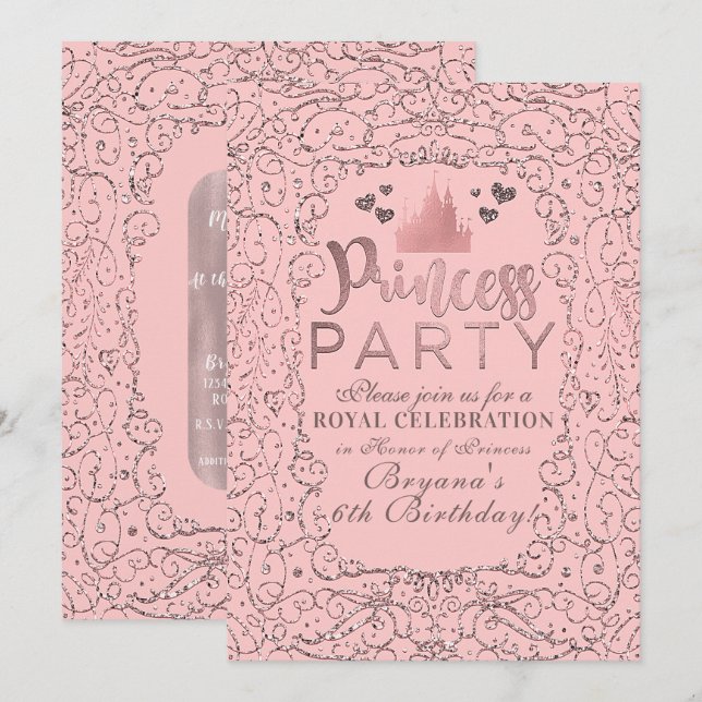Pink Rose Gold Filigree PRINCESS PARTY Birthday Invitation (Front/Back)