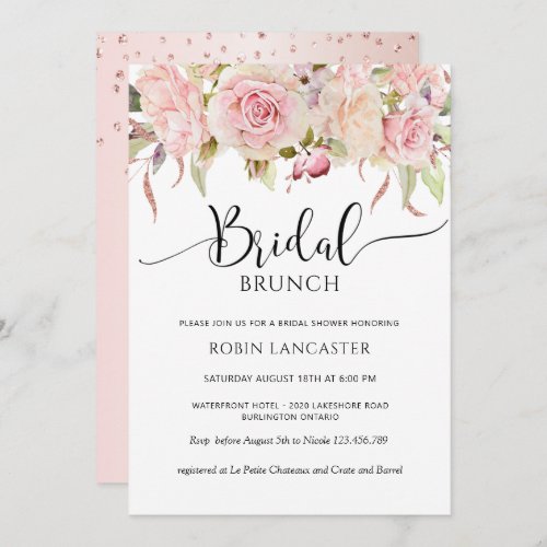 Pink Rose Gold Floral Bridal Shower   Brunch Invitation