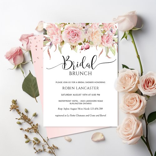 Pink Rose Gold Floral Bridal Shower   Brunch Invitation