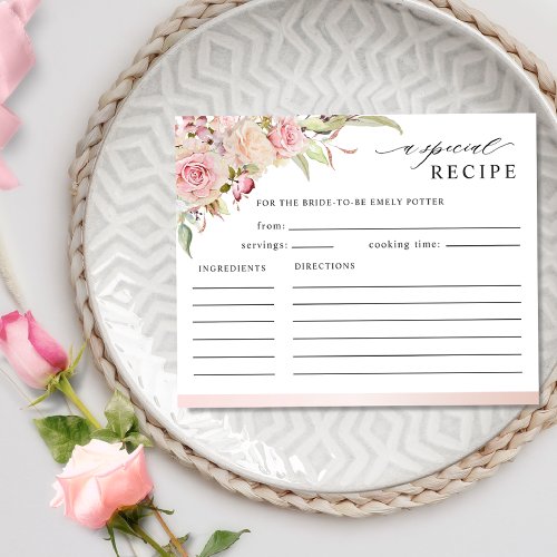 Pink Rose Gold Floral Bridal Shower Recipe Card
