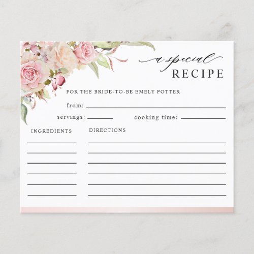 Pink Rose Gold Floral Bridal Shower Recipe Card