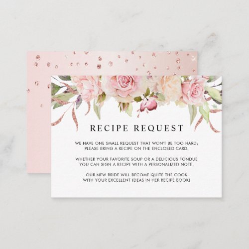 Pink Rose Gold Floral Bridal  Wedding Recipe Enclosure Card