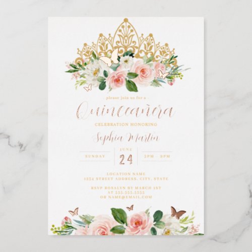 Pink Rose Gold Floral Butterfly Tiara Quinceanera  Foil Invitation