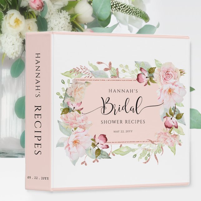 Pink, Rose Gold Floral Chic Bridal Shower Recipe 3 Ring Binder (Creator Uploaded)