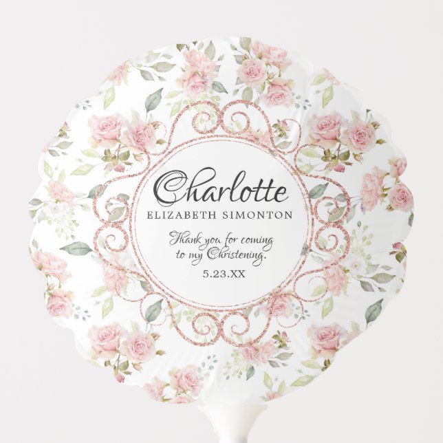 Pink Rose Gold Floral Christening Balloon (Front)