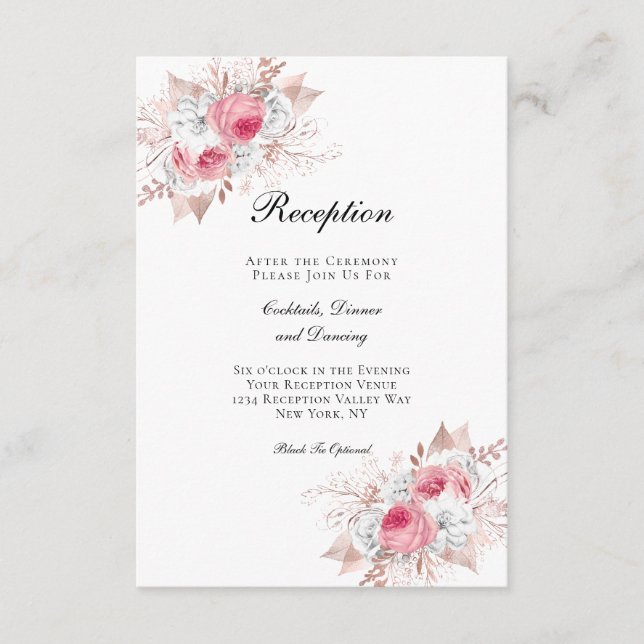 Pink Rose Gold Floral Elegant Wedding Reception Enclosure Card (Front)