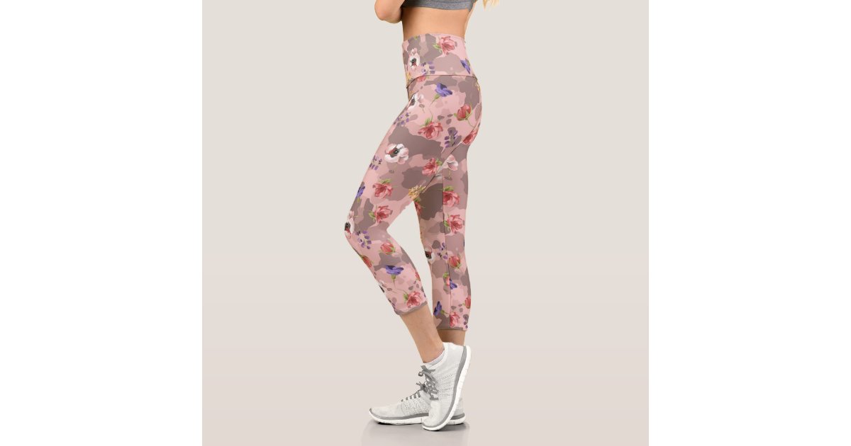 Pink Rose Gold Floral Flower Army Camouflage Camo Capri Leggings