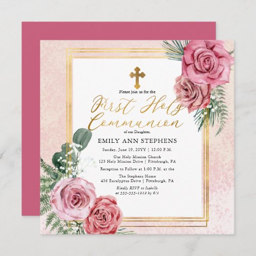 Pink Rose Gold Floral Frame First Holy Communion Invitation
