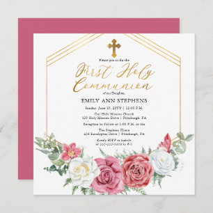 Pink Rose Gold Floral Frame First Holy Communion Invitation