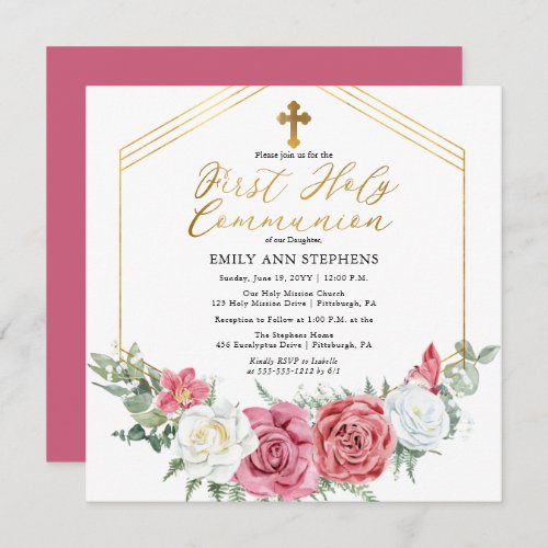 Pink Rose  Gold Floral Frame First Holy Communion Invitation