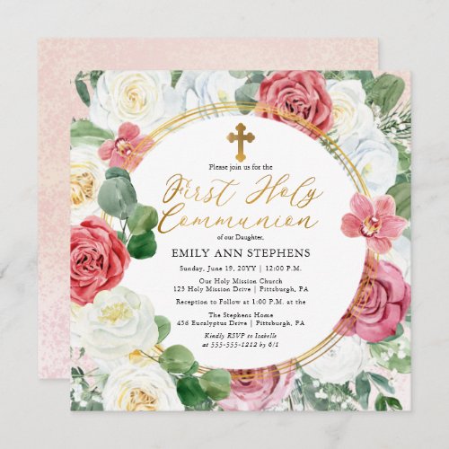 Pink Rose  Gold Floral Frame First Holy Communion Invitation
