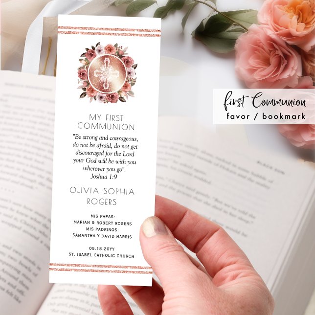 Pink Rose Gold Floral Girl First Communion Favor Bookmarks (Creator Uploaded)