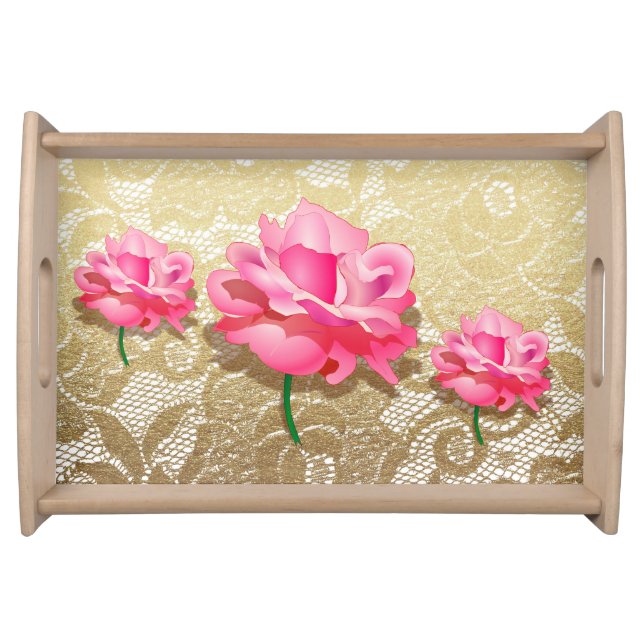 Pink Rose Gold Floral Lace Serving Tray (Front)