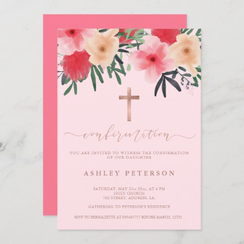 Pink Rose gold floral red watercolor confirmation Invitation
