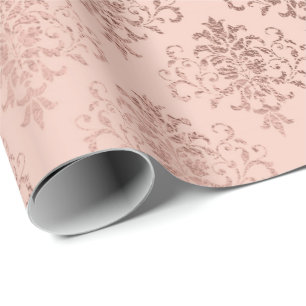 Pink Rose Gold Floral Royal Damask Skinny Powder1 Wrapping Paper