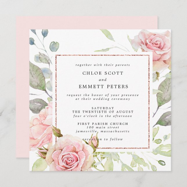 Pink Rose Gold Floral Square Wedding Invitation (Front/Back)