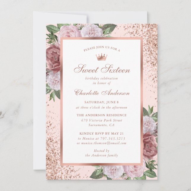 Pink Rose Gold Floral Sweet 16 Birthday Invitation (Front)
