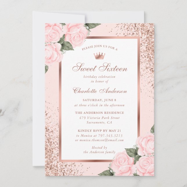 Pink Rose Gold Floral Sweet 16 Birthday Invitation (Front)