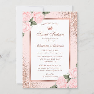 Pink Rose Gold Floral Sweet 16 Birthday Invitation