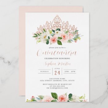 Pink Rose Gold Floral Tiara Butterfly Quinceanera  Foil Invitation by LittleBayleigh at Zazzle