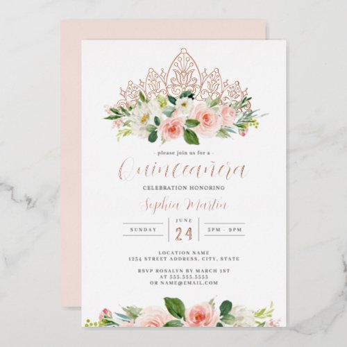 Pink Rose Gold Floral Tiara Butterfly Quinceanera  Foil Invitation