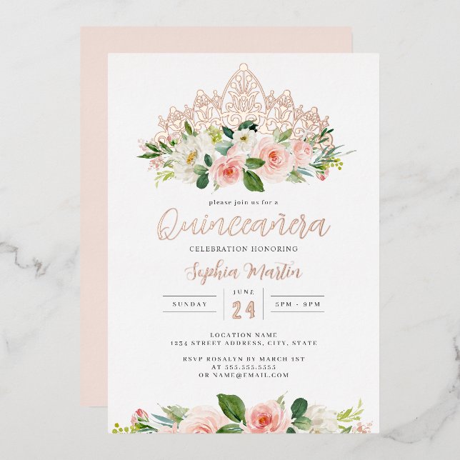 Pink Rose Gold Floral Tiara Butterfly Quinceanera  Foil Invitation (Front/Back)