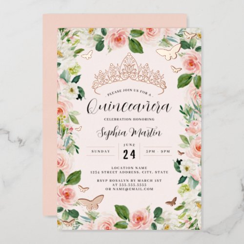 Pink Rose Gold Floral Tiara Butterfly Quinceanera  Foil Invitation