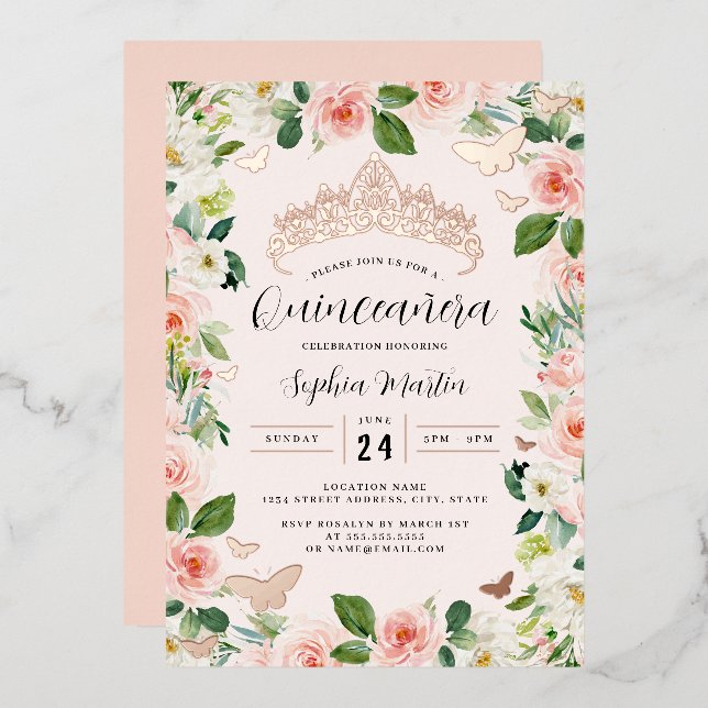 Pink Rose Gold Floral Tiara Butterfly Quinceanera  Foil Invitation (Front/Back)