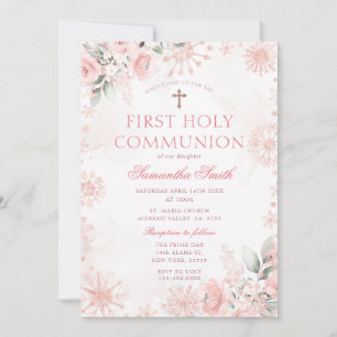 Pink Rose Gold Floral Winter First Holy Communion Invitation