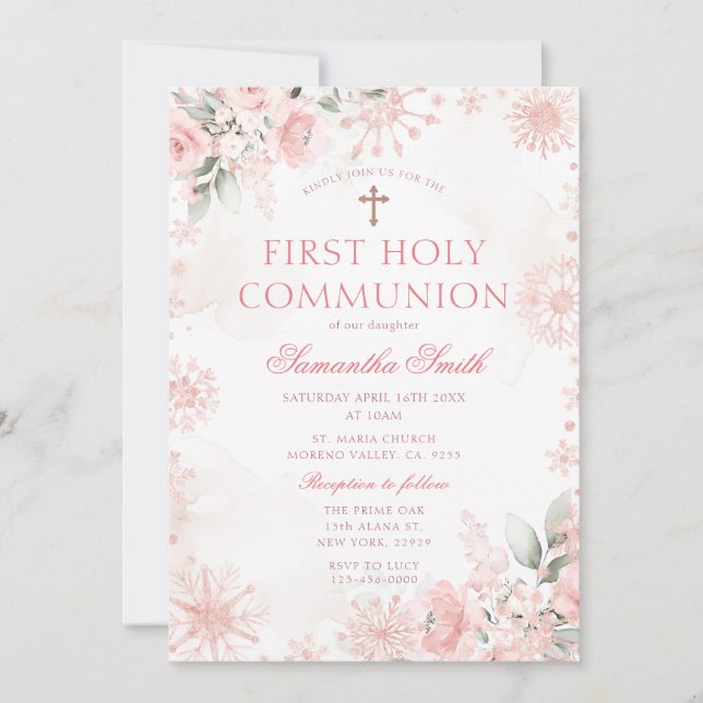 Pink Rose Gold Floral Winter First Holy Communion Invitation (Front)