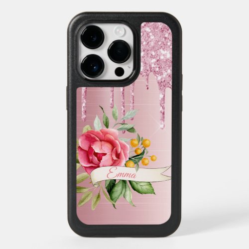 Pink rose gold florals glitter drips name OtterBox iPhone 14 pro case