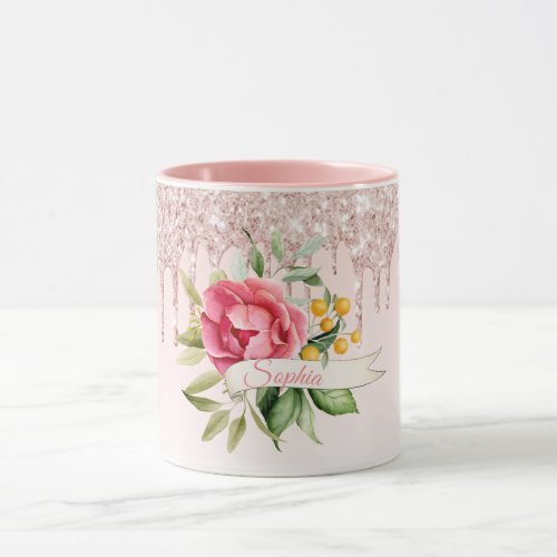 Pink rose gold florals vintage monogram name mug