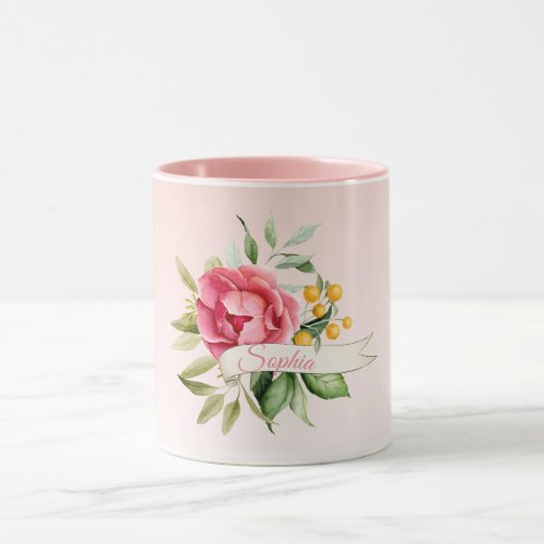 Pink rose gold florals vintage monogram name mug