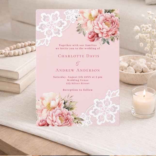 Pink rose gold florals white lace wedding invitation (Creator Uploaded)