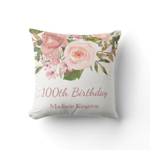 Pink Rose Gold Flowers 100th Birthday Party Gift Throw Pillow