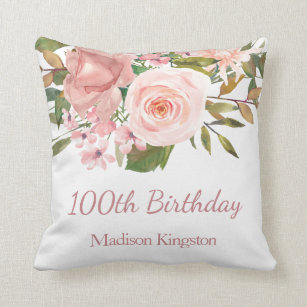 Pink Rose Gold Flowers 100th Birthday Party Gift Throw Pillow