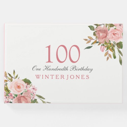 Pink Rose Gold Flowers 100th Birthday Party Guest Book